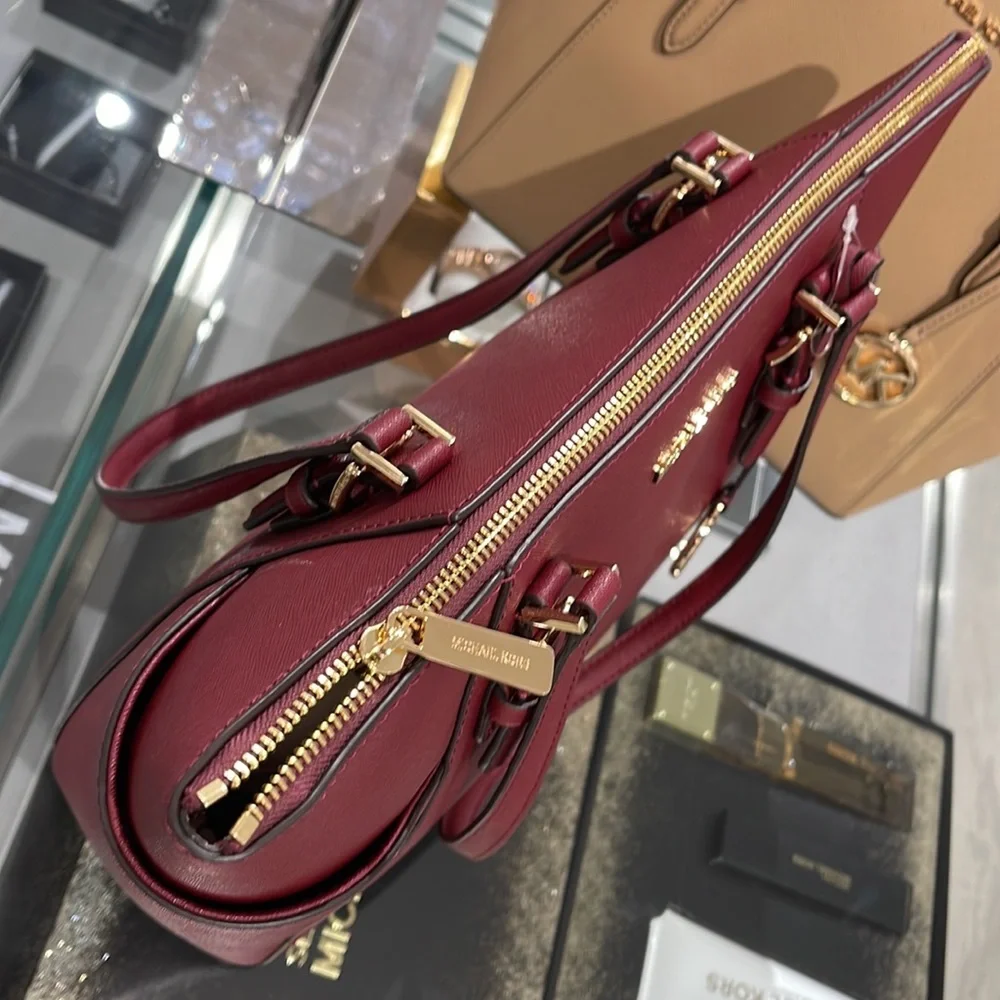 MICHAEL KORS Charlotte Large Leather Top-Zip Tote Dark Cherry  NWT